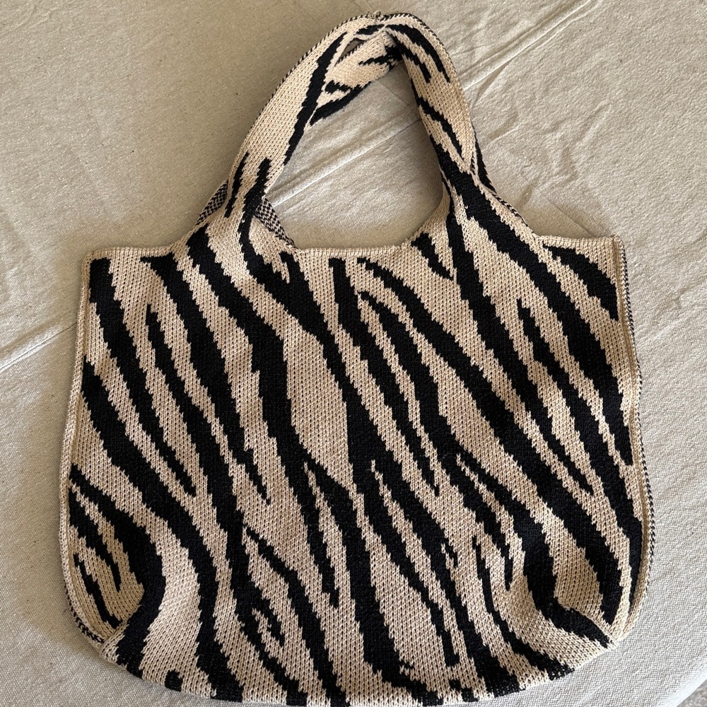 Anthropologie Black and Cream Zebra Knit Tote